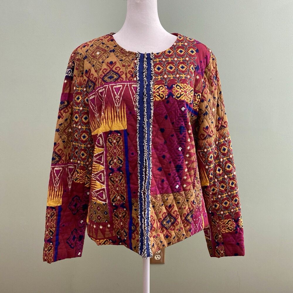 Ruby Rd Quilted Patchwork Jacket Womens 14 Multicolor Boho Artsy Festival Cotton